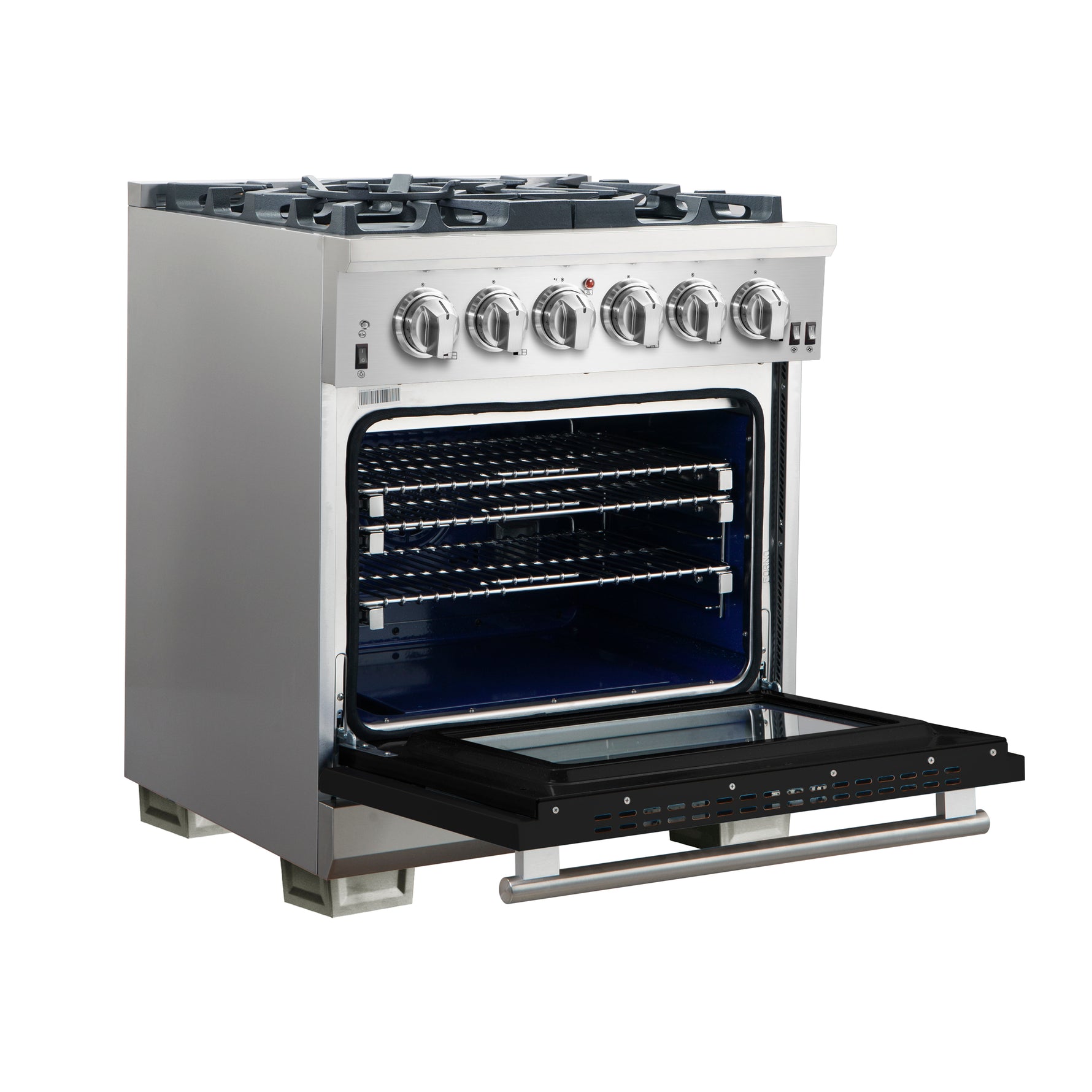 Forno Capriasca 30-Inch Freestanding Gas Range, 4 Burners, True Convection Oven, Black Door - BonPrix Électroménagers