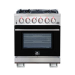 Forno Capriasca 30-Inch Freestanding Gas Range, 4 Burners, True Convection Oven, Black Door - BonPrix Électroménagers