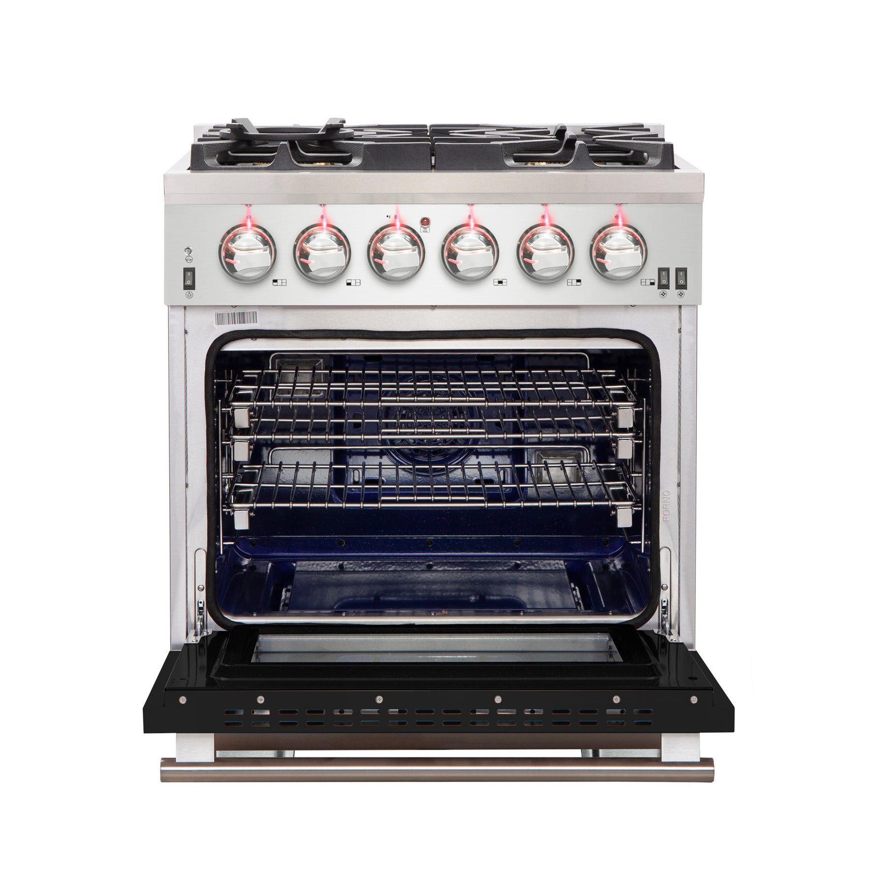 Forno Capriasca 30-Inch Freestanding Gas Range, 4 Burners, True Convection Oven, Black Door - BonPrix Électroménagers