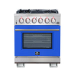Forno Capriasca 30-Inch Freestanding Gas Range, 4 Burners, True Convection Oven, Blue Door - BonPrix Électroménagers