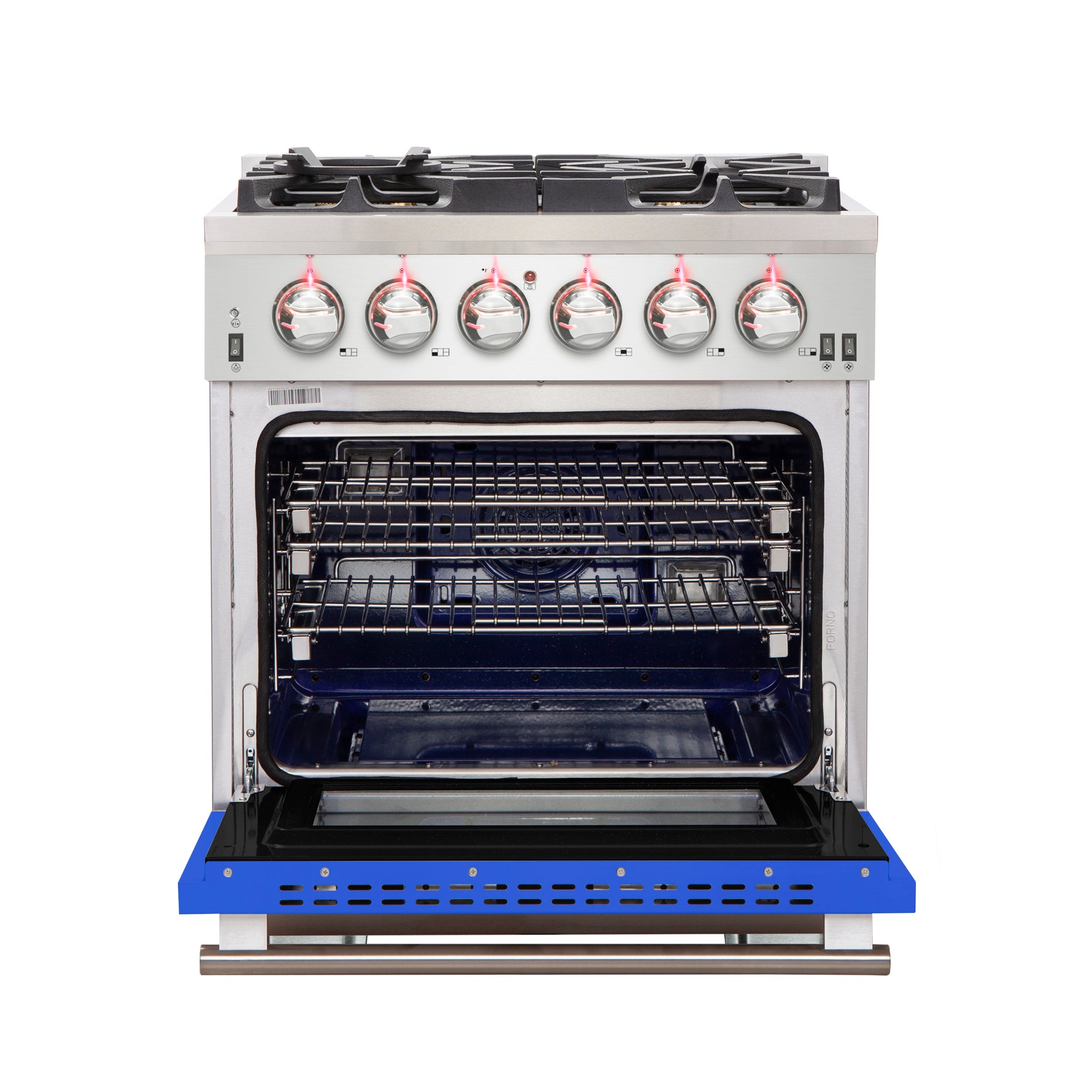 Forno Capriasca 30-Inch Freestanding Gas Range, 4 Burners, True Convection Oven, Blue Door - BonPrix Électroménagers
