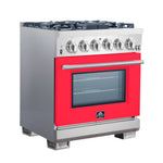 Forno Capriasca 30-Inch Freestanding Gas Range, 4 Burners, True Convection Oven, Red Door - BonPrix Électroménagers