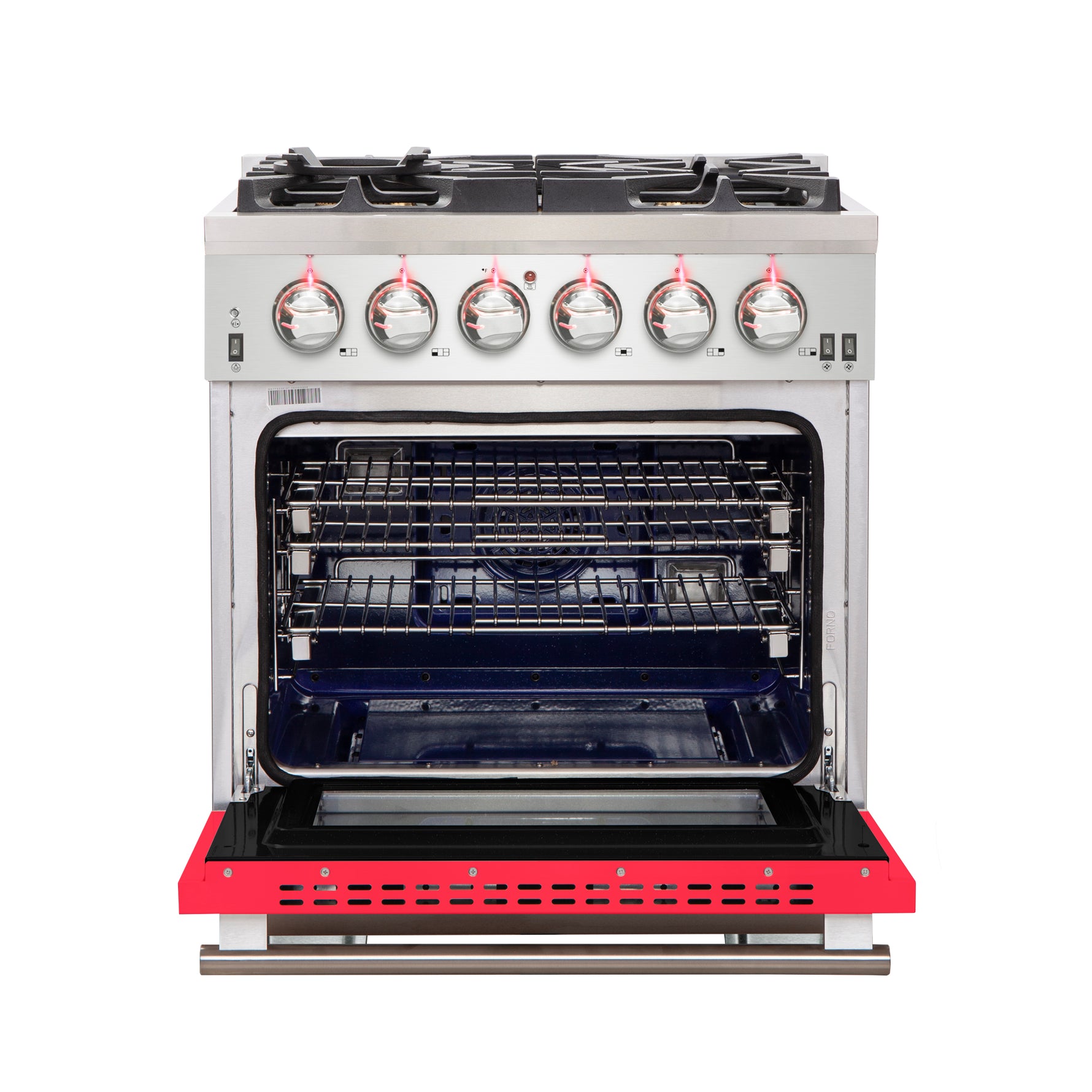 Forno Capriasca 30-Inch Freestanding Gas Range, 4 Burners, True Convection Oven, Red Door - BonPrix Électroménagers