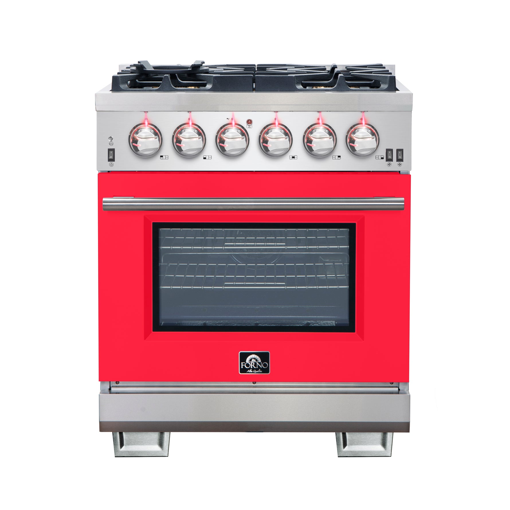 Forno Capriasca 30-Inch Freestanding Gas Range, 4 Burners, True Convection Oven, Red Door - BonPrix Électroménagers