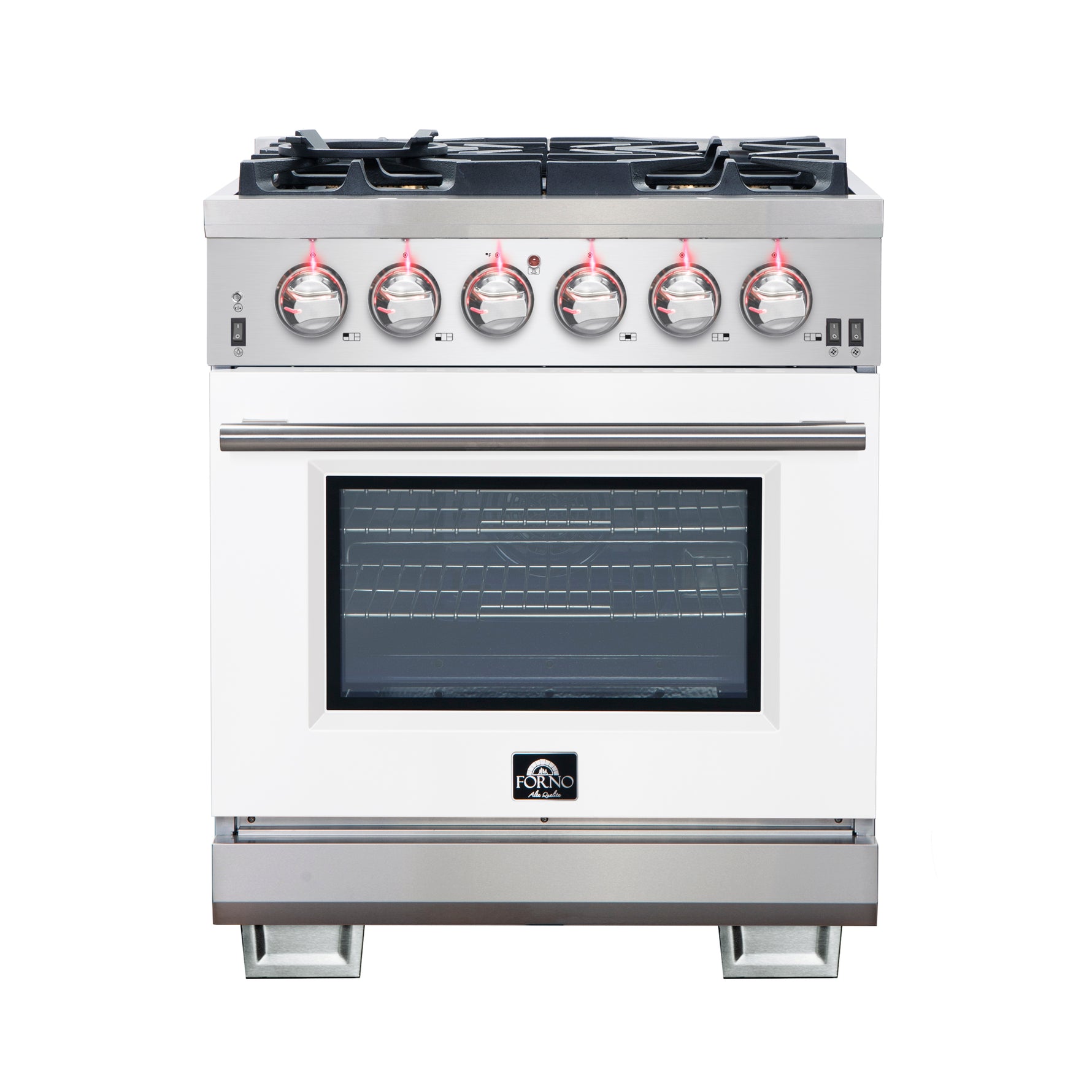 Forno Capriasca 30-Inch Freestanding Gas Range, 4 Burners, True Convection Oven, White Door - BonPrix Électroménagers