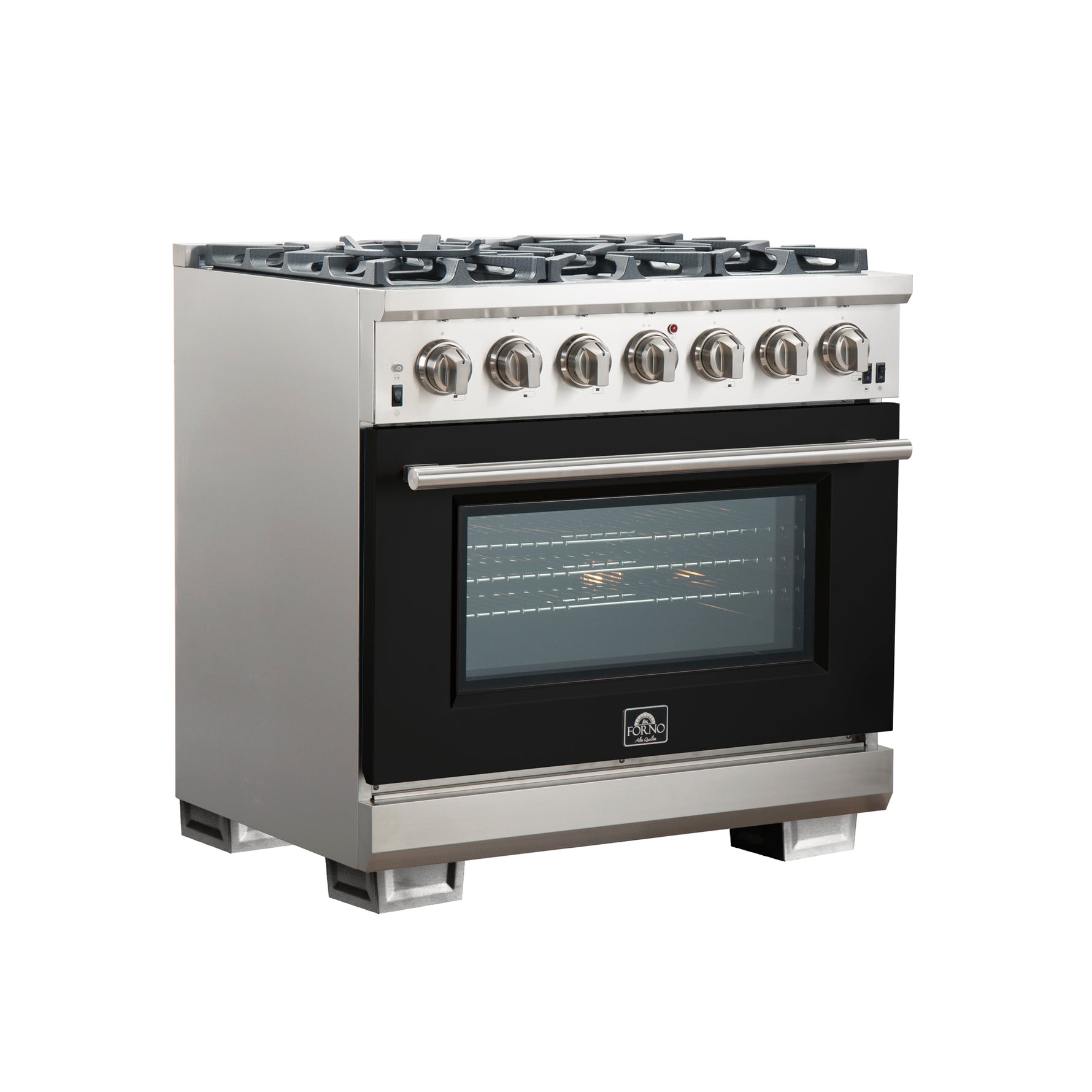 Forno Capriasca 36-Inch Gas Range, Stainless Steel, 6 Brass Burners, 120,000 BTU, Convection Oven, Energy Efficient, Black door - BonPrix Électroménagers