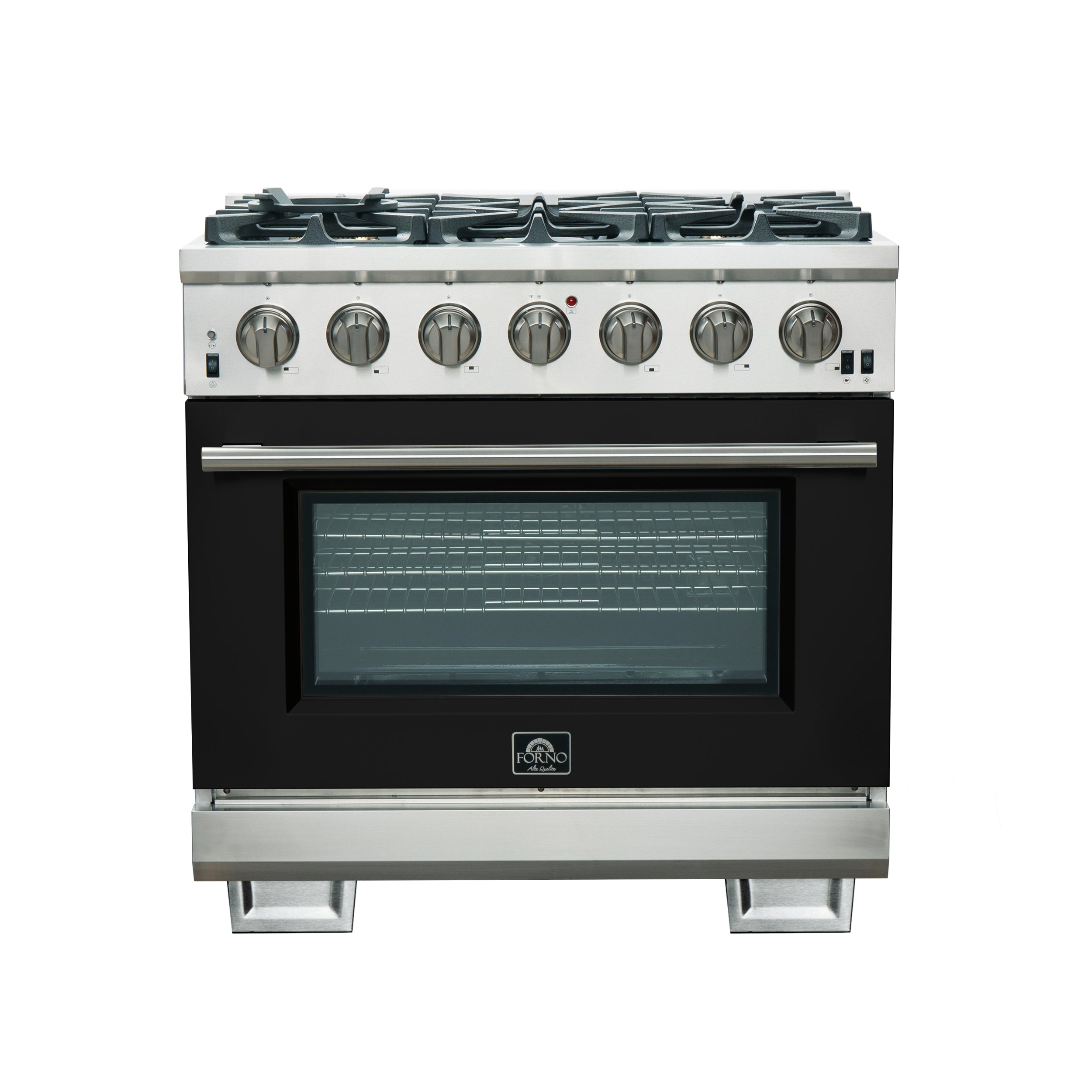 Forno Capriasca 36-Inch Gas Range, Stainless Steel, 6 Brass Burners, 120,000 BTU, Convection Oven, Energy Efficient, Black door - BonPrix Électroménagers