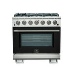 Forno Capriasca 36-Inch Gas Range, Stainless Steel, 6 Brass Burners, 120,000 BTU, Convection Oven, Energy Efficient, Black door - BonPrix Électroménagers