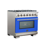 Forno Capriasca 36-Inch Gas Range, Stainless Steel, 6 Brass Burners, 120,000 BTU, Convection Oven, Energy Efficient, Blue Door - BonPrix Électroménagers