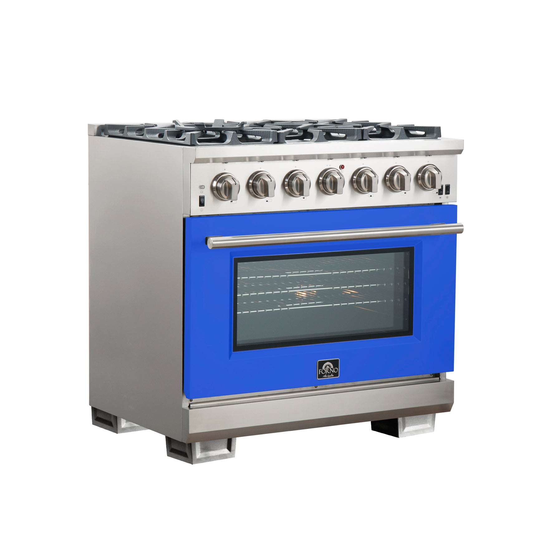 Forno Capriasca 36-Inch Gas Range, Stainless Steel, 6 Brass Burners, 120,000 BTU, Convection Oven, Energy Efficient, Blue Door - BonPrix Électroménagers