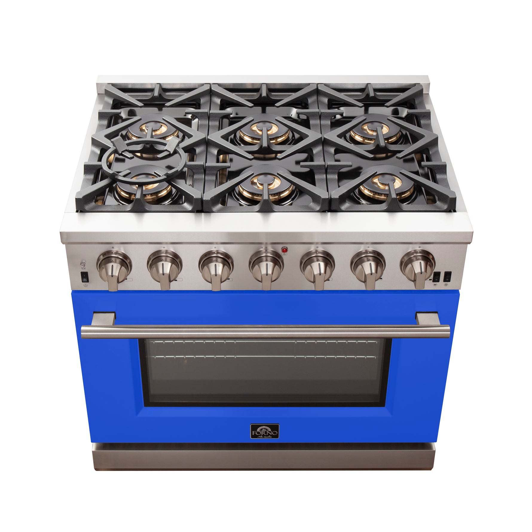 Forno Capriasca 36-Inch Gas Range, Stainless Steel, 6 Brass Burners, 120,000 BTU, Convection Oven, Energy Efficient, Blue Door - BonPrix Électroménagers