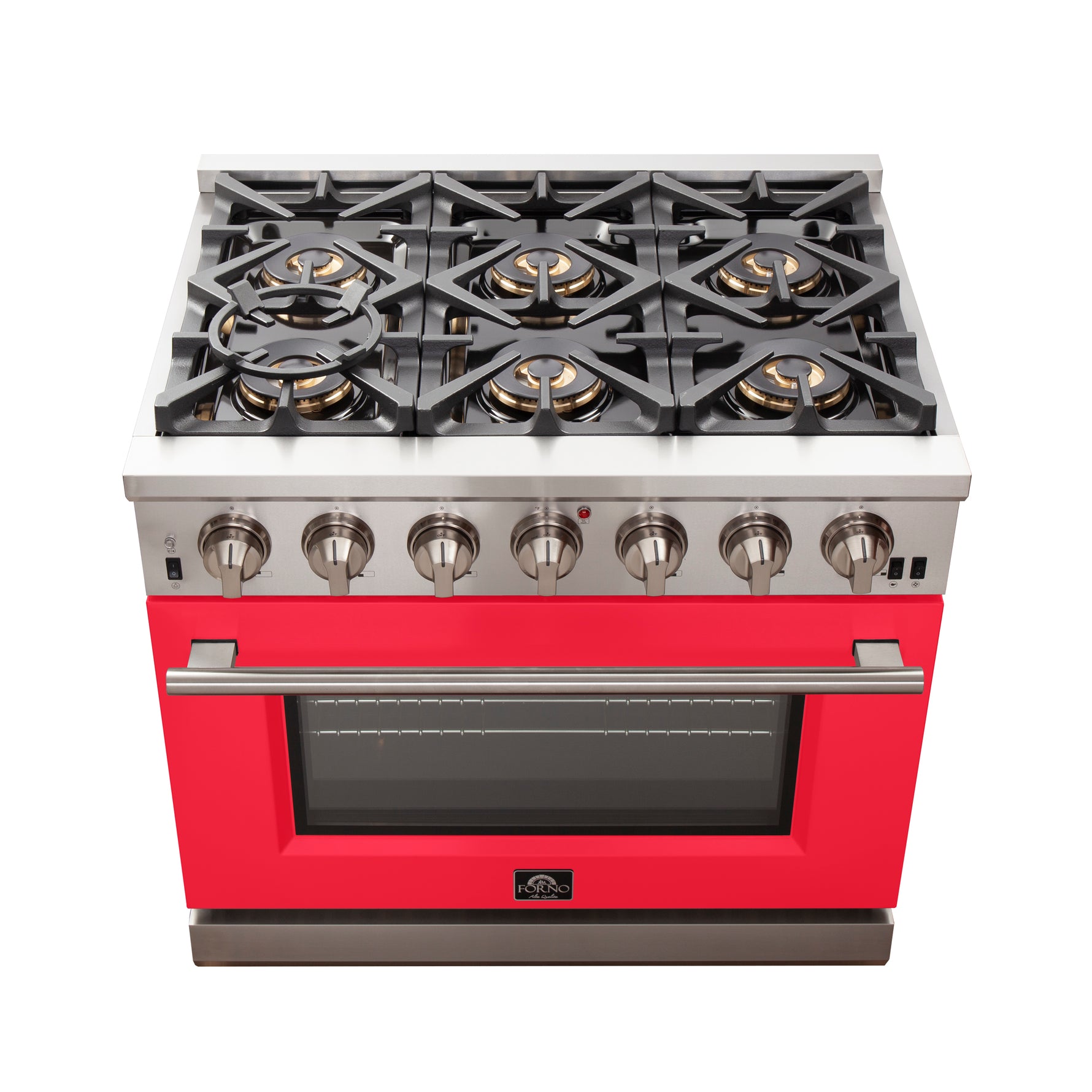 Forno Capriasca 36-Inch Gas Range, Stainless Steel, 6 Brass Burners, 120,000 BTU, Convection Oven, Energy Efficient, Red Door - BonPrix Électroménagers