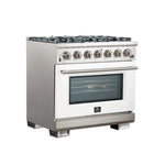 Forno Capriasca 36-Inch Gas Range, Stainless Steel, 6 Brass Burners, 120,000 BTU, Convection Oven, Energy Efficient, White Door - BonPrix Électroménagers