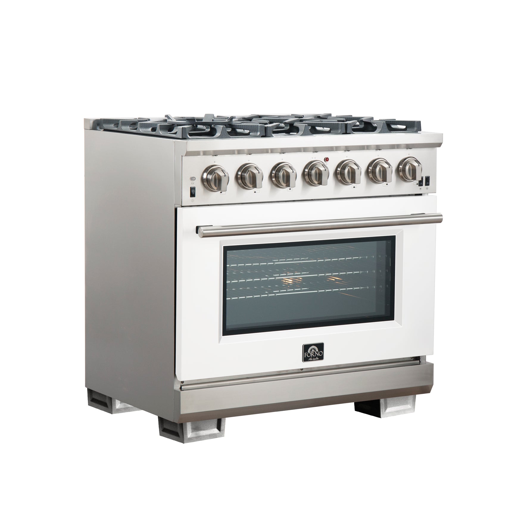 Forno Capriasca 36-Inch Gas Range, Stainless Steel, 6 Brass Burners, 120,000 BTU, Convection Oven, Energy Efficient, White Door - BonPrix Électroménagers