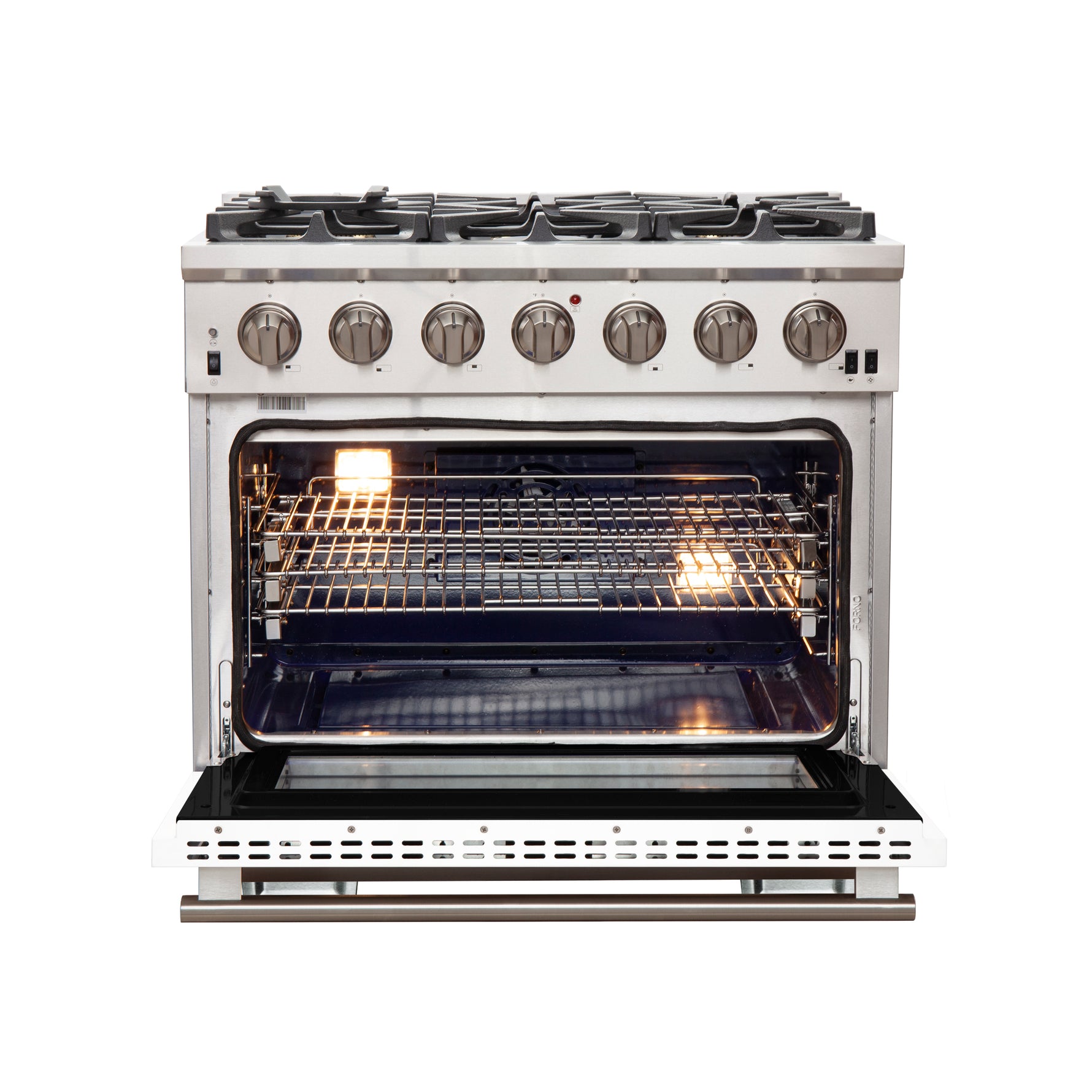 Forno Capriasca 36-Inch Gas Range, Stainless Steel, 6 Brass Burners, 120,000 BTU, Convection Oven, Energy Efficient, White Door - BonPrix Électroménagers