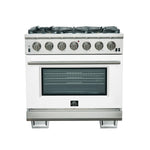 Forno Capriasca 36-Inch Gas Range, Stainless Steel, 6 Brass Burners, 120,000 BTU, Convection Oven, Energy Efficient, White Door - BonPrix Électroménagers