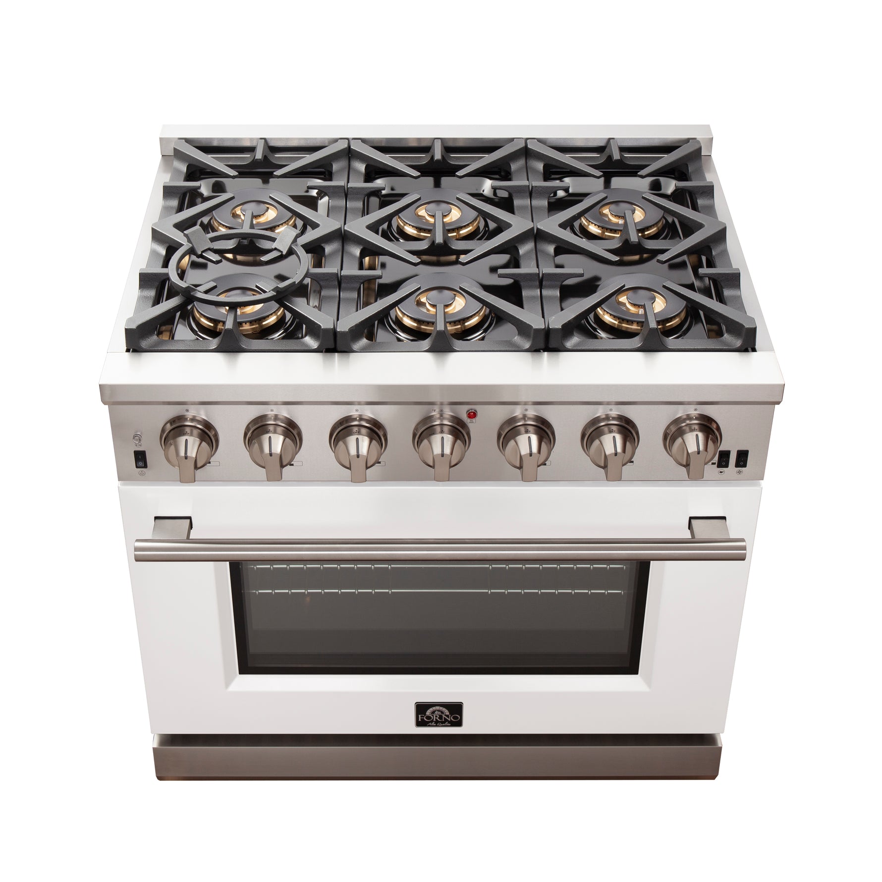 Forno Capriasca 36-Inch Gas Range, Stainless Steel, 6 Brass Burners, 120,000 BTU, Convection Oven, Energy Efficient, White Door - BonPrix Électroménagers