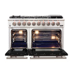 FORNO Capriasca 48-inch Gas Range Stainless Steel, 8 Brass Burners 160,000 BTU, 6.58 cu.ft. Double Oven, Black Doors - BonPrix Électroménagers