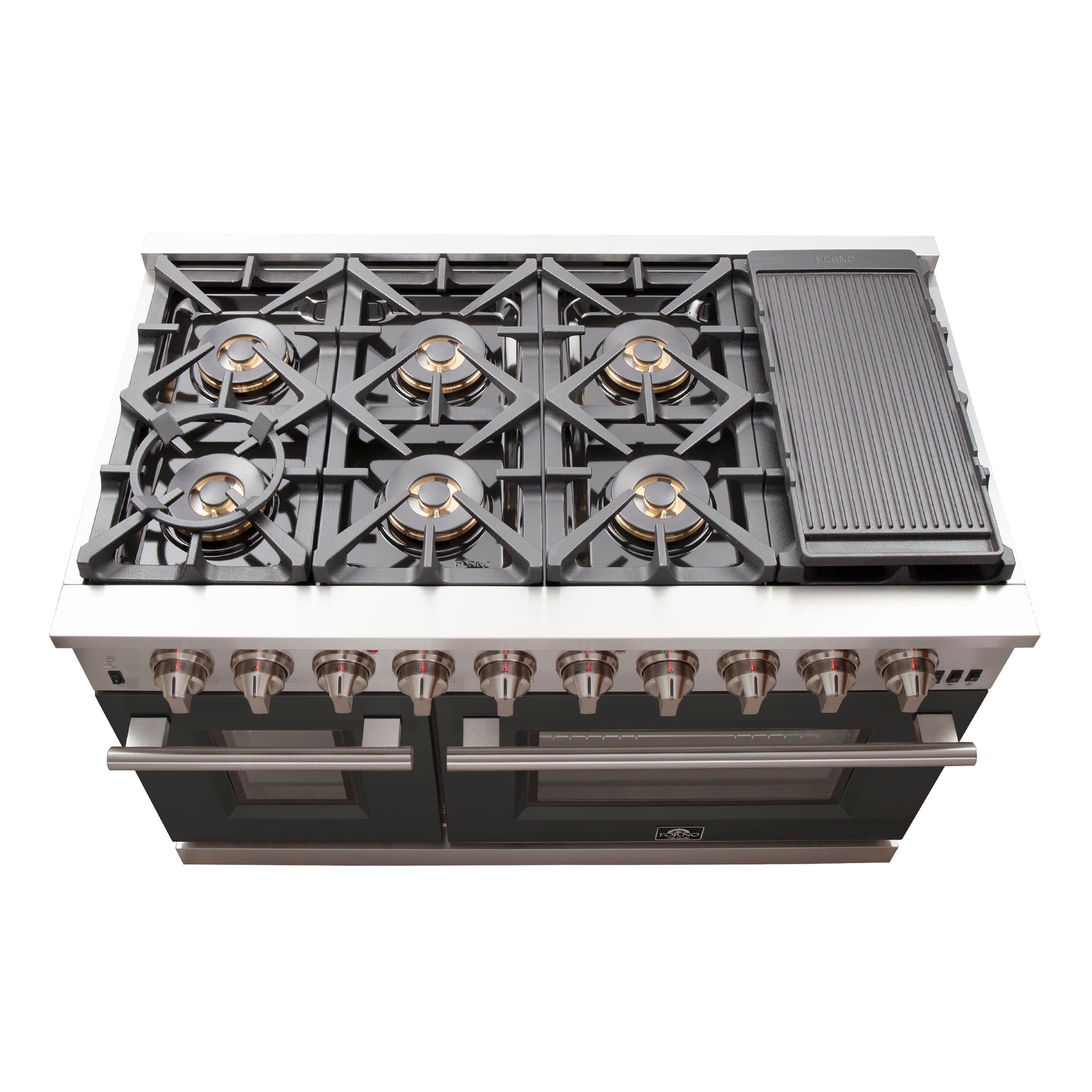 FORNO Capriasca 48-inch Gas Range Stainless Steel, 8 Brass Burners 160,000 BTU, 6.58 cu.ft. Double Oven, Black Doors - BonPrix Électroménagers