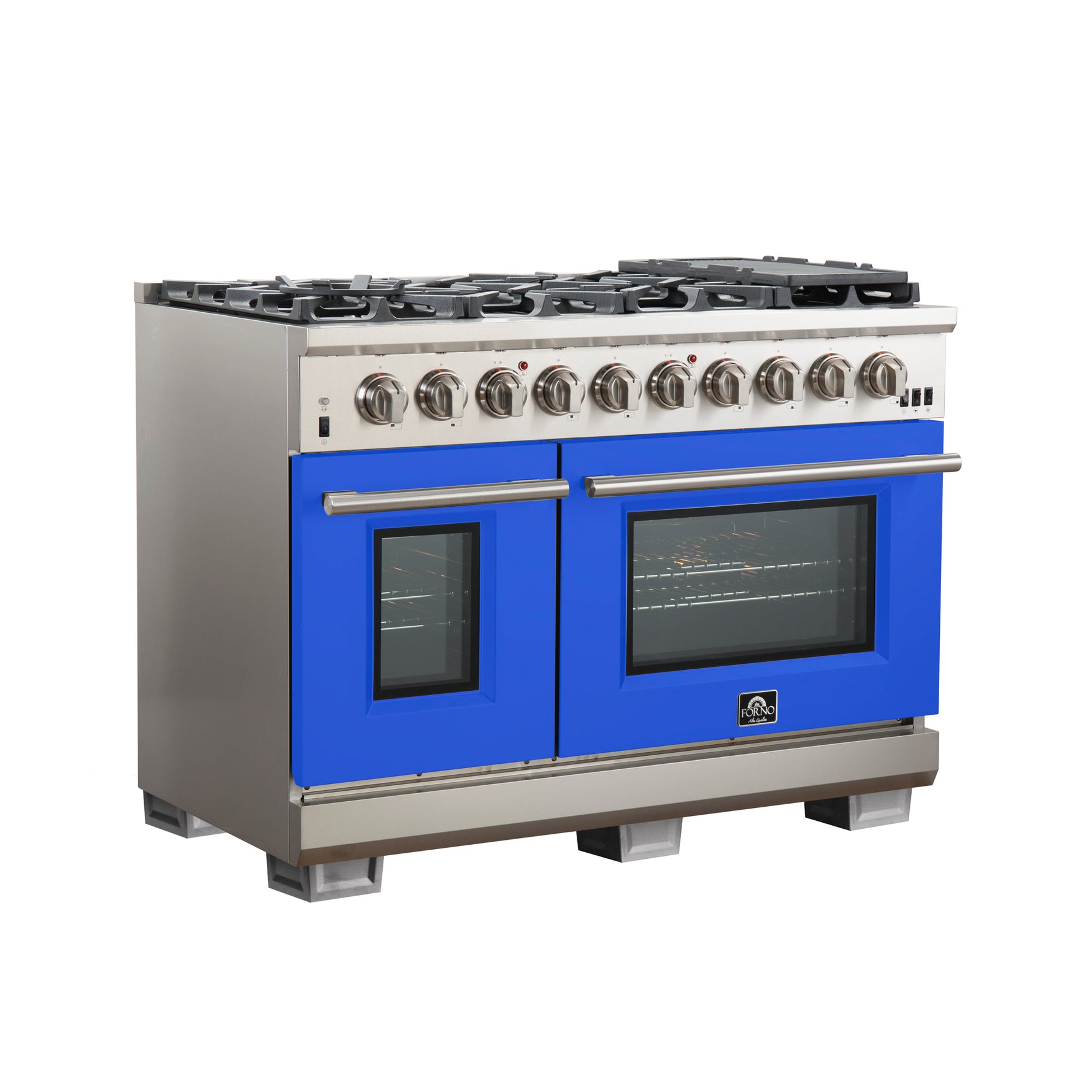 FORNO Capriasca 48-inch Gas Range Stainless Steel, 8 Brass Burners 160,000 BTU, 6.58 cu.ft. Double Oven, Blue Doors - BonPrix Électroménagers