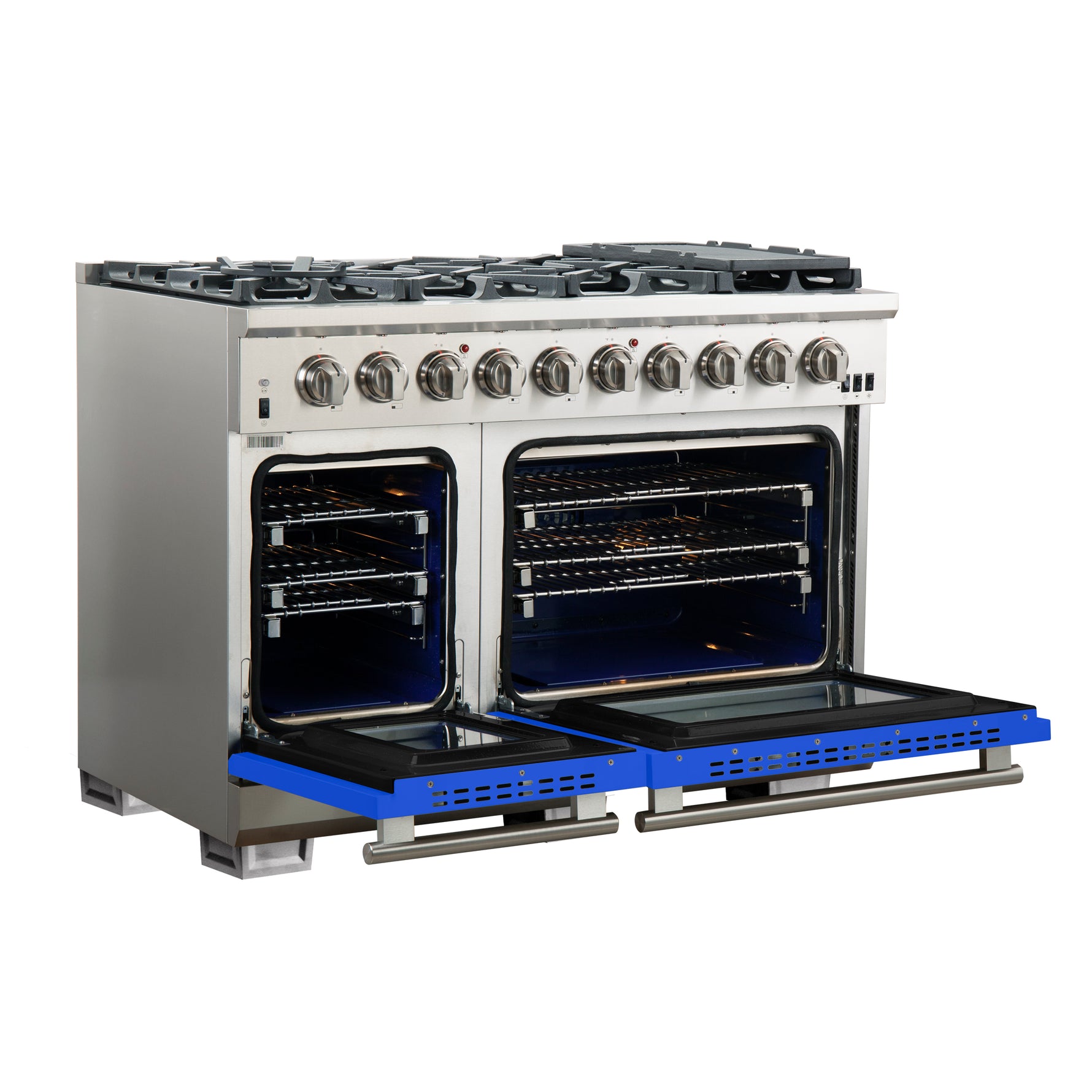 FORNO Capriasca 48-inch Gas Range Stainless Steel, 8 Brass Burners 160,000 BTU, 6.58 cu.ft. Double Oven, Blue Doors - BonPrix Électroménagers
