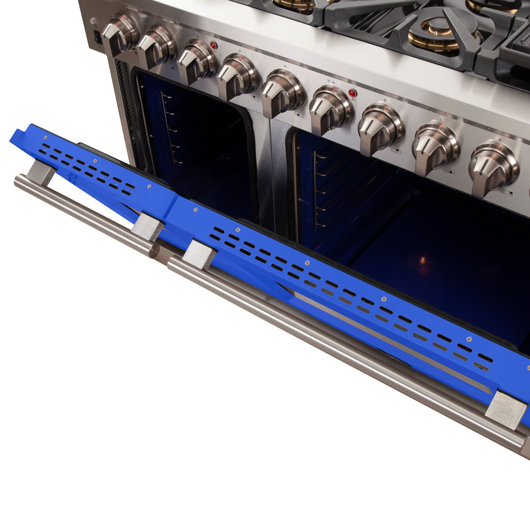 FORNO Capriasca 48-inch Gas Range Stainless Steel, 8 Brass Burners 160,000 BTU, 6.58 cu.ft. Double Oven, Blue Doors - BonPrix Électroménagers
