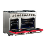 FORNO Capriasca 48-inch Gas Range Stainless Steel, 8 Brass Burners 160,000 BTU, 6.58 cu.ft. Double Oven, Red Doors - BonPrix Électroménagers
