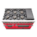 FORNO Capriasca 48-inch Gas Range Stainless Steel, 8 Brass Burners 160,000 BTU, 6.58 cu.ft. Double Oven, Red Doors - BonPrix Électroménagers