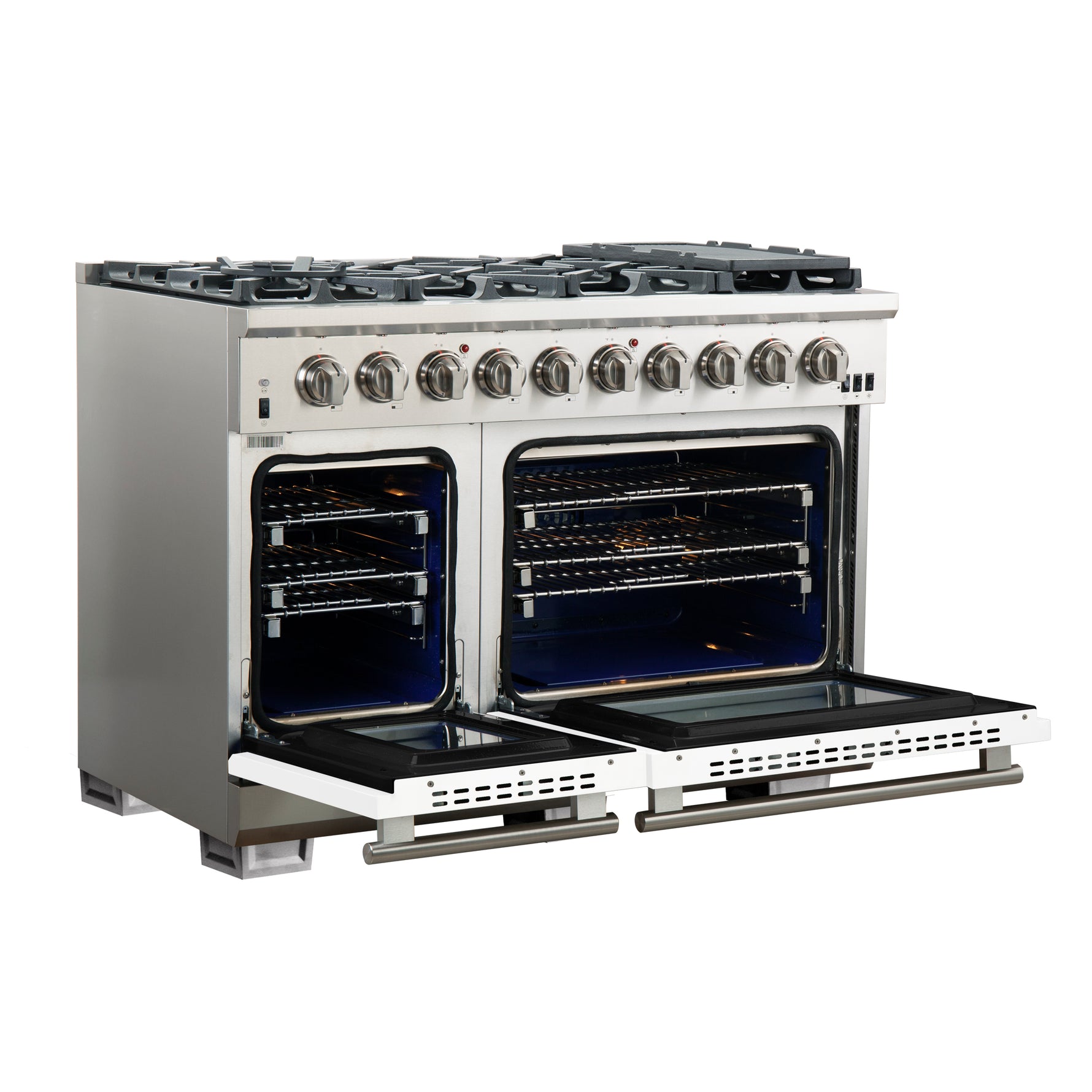 FORNO Capriasca 48-inch Gas Range Stainless Steel, 8 Brass Burners 160,000 BTU, 6.58 cu.ft. Double Oven, White Doors - BonPrix Électroménagers