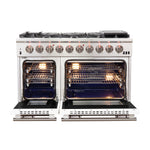 FORNO Capriasca 48-inch Gas Range Stainless Steel, 8 Brass Burners 160,000 BTU, 6.58 cu.ft. Double Oven, White Doors - BonPrix Électroménagers