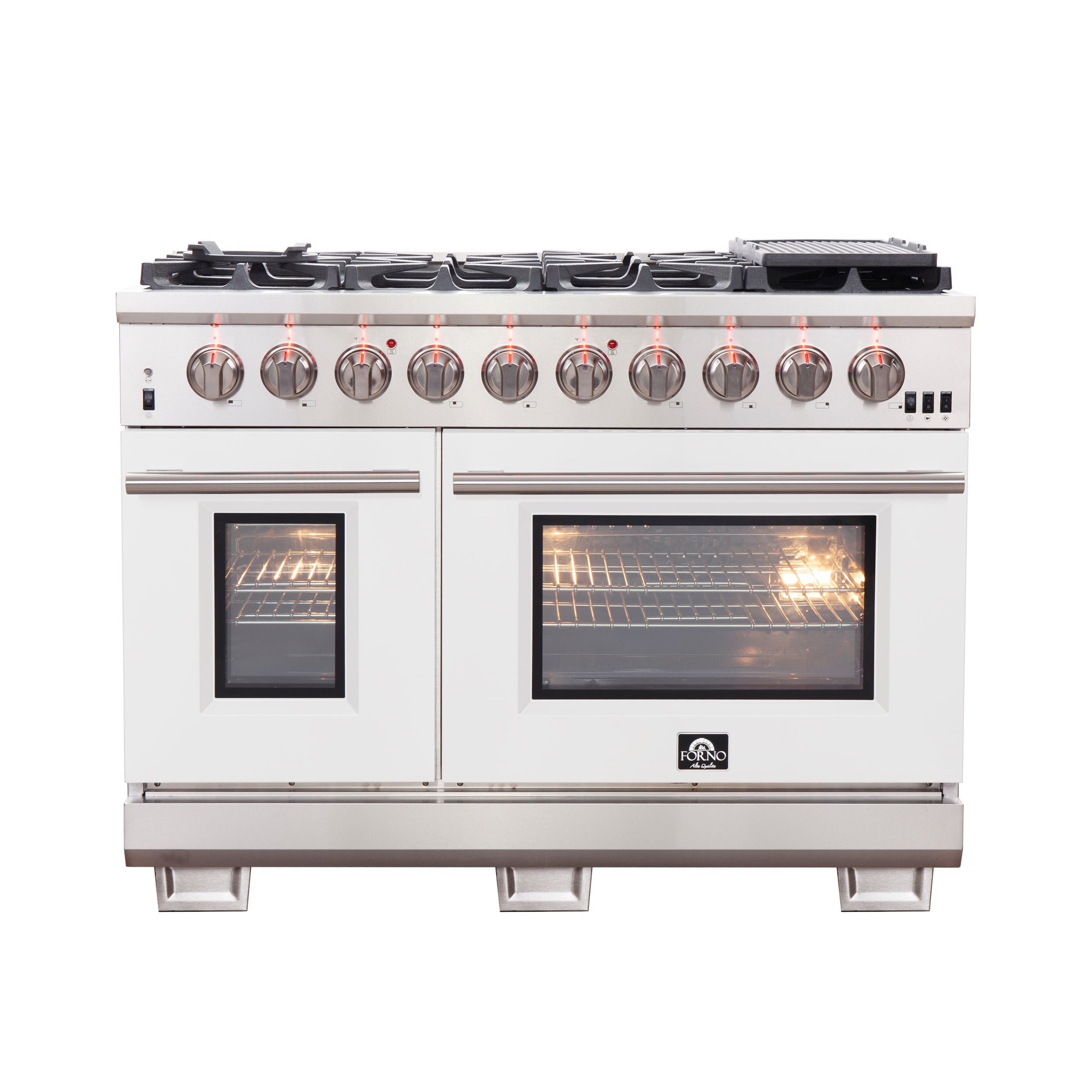 FORNO Capriasca 48-inch Gas Range Stainless Steel, 8 Brass Burners 160,000 BTU, 6.58 cu.ft. Double Oven, White Doors - BonPrix Électroménagers