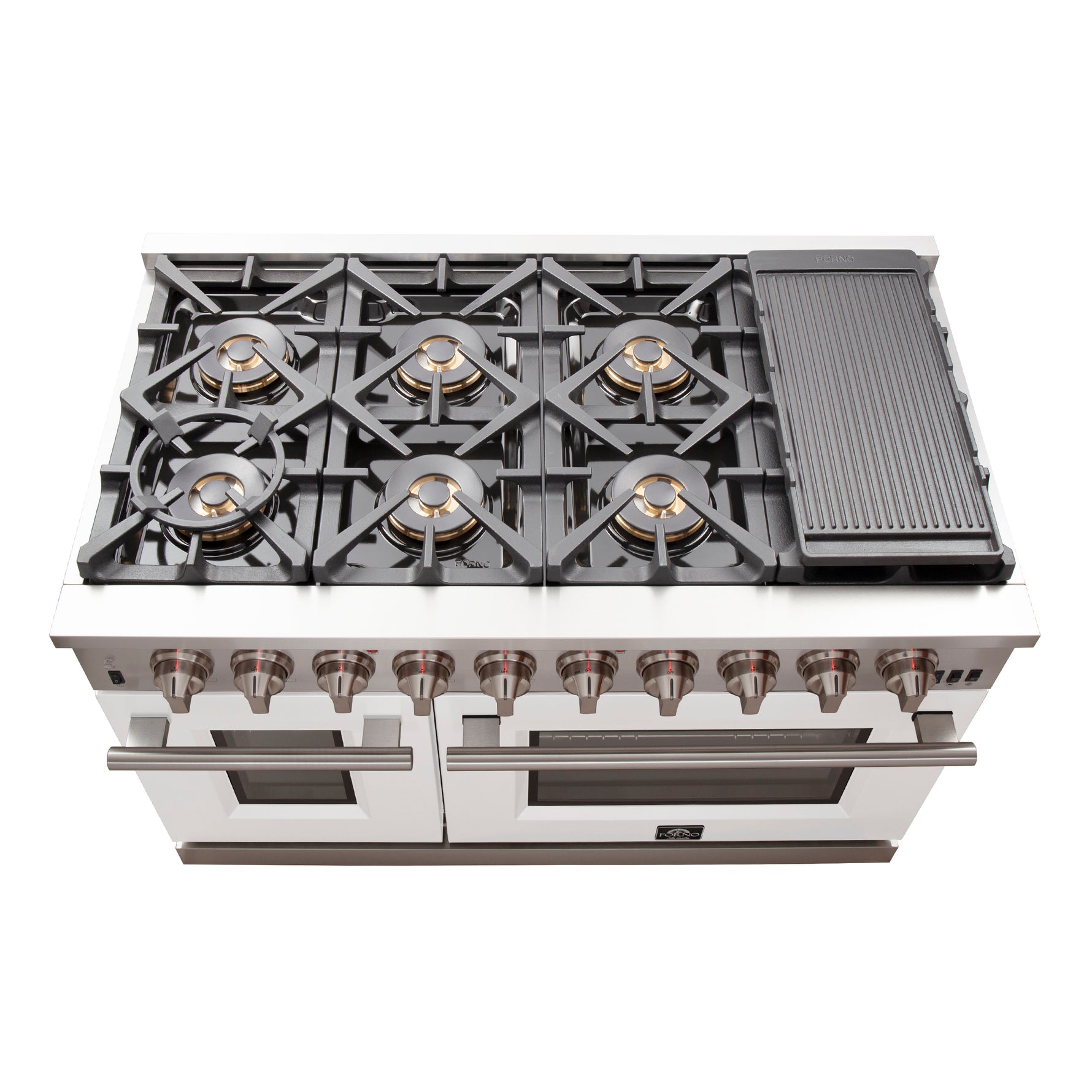 FORNO Capriasca 48-inch Gas Range Stainless Steel, 8 Brass Burners 160,000 BTU, 6.58 cu.ft. Double Oven, White Doors - BonPrix Électroménagers