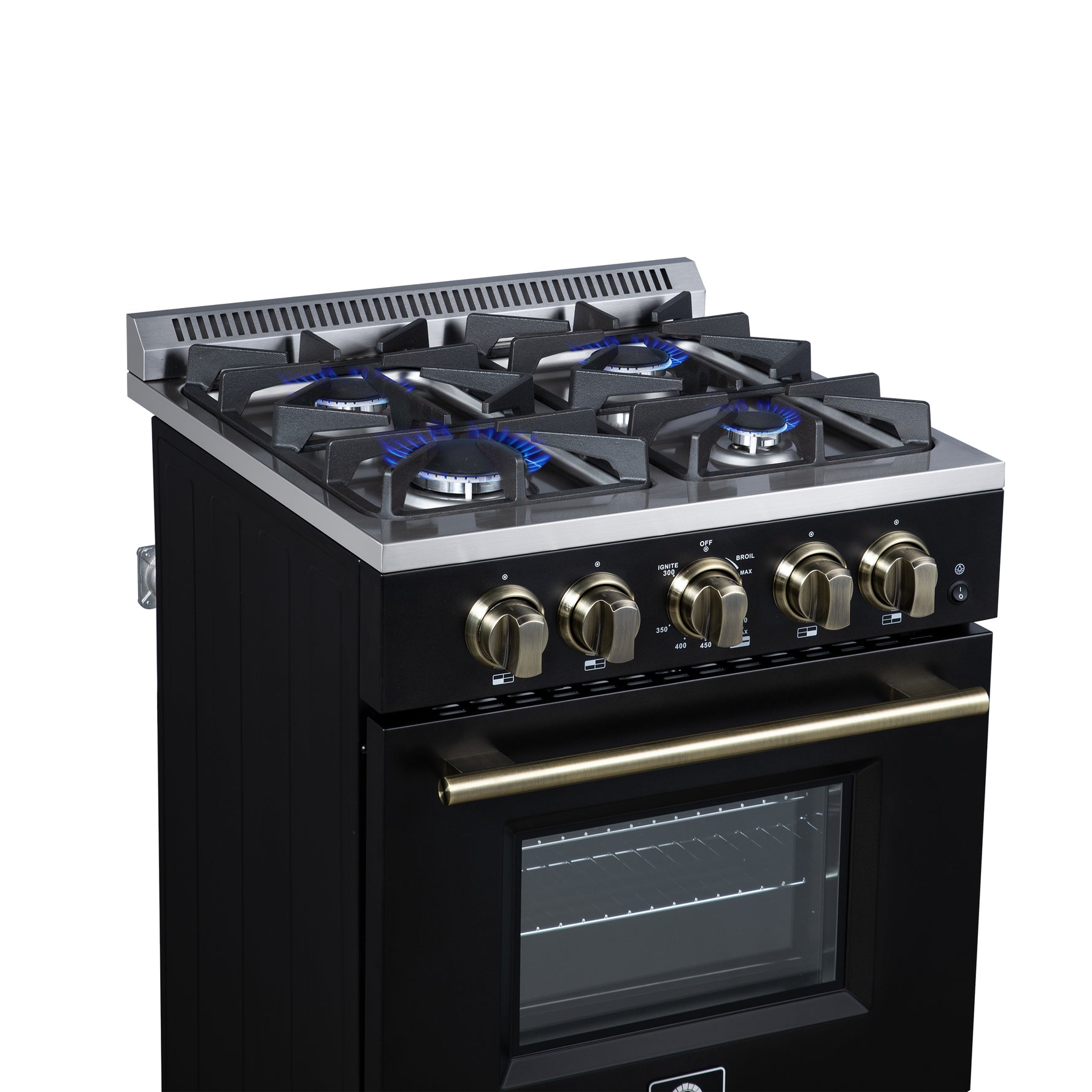 Forno Breno 24 Inch Freestanding Gas Range in Black with Antique Brass, Plug Included, Energy Efficient - BonPrix Électroménagers