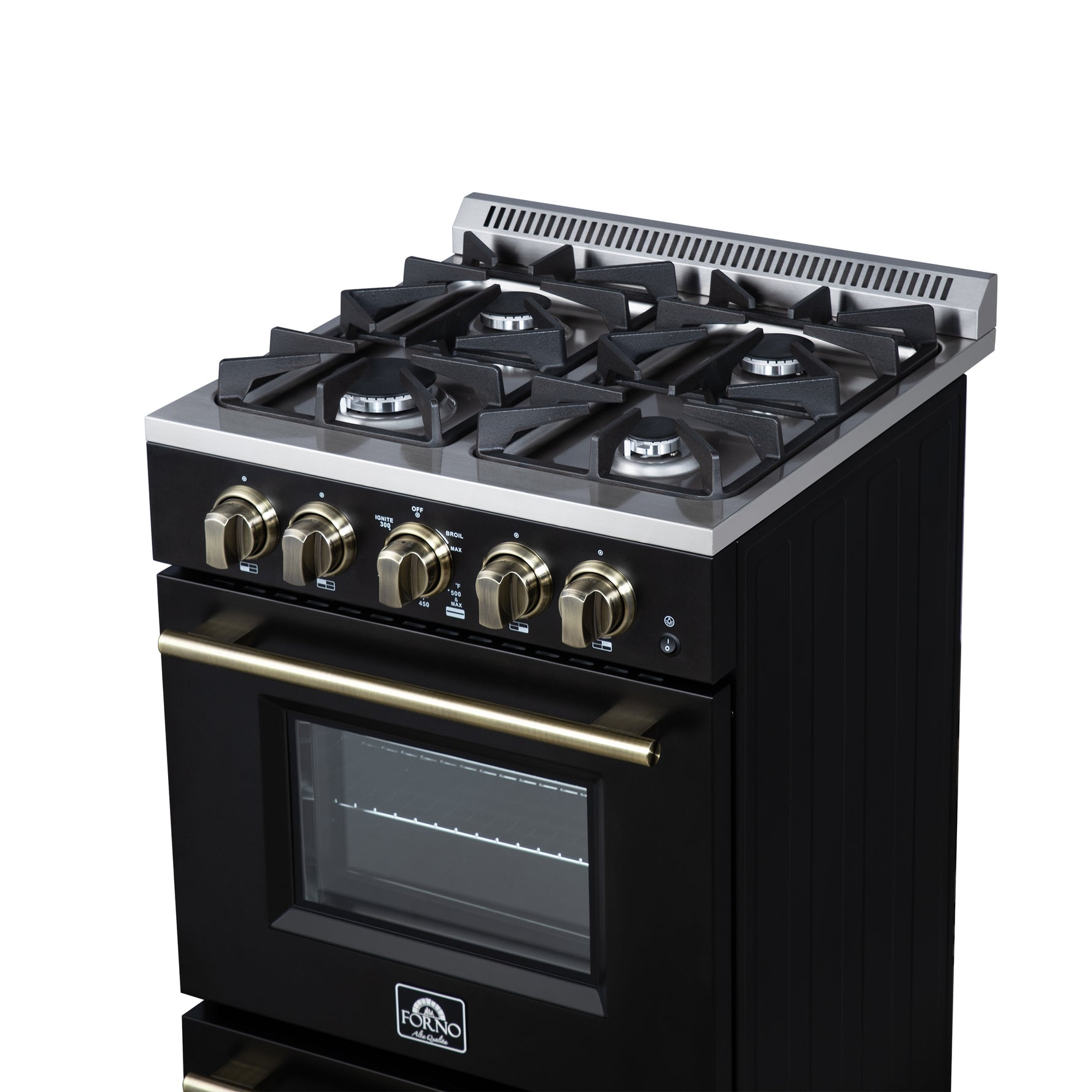 Forno Breno 24 Inch Freestanding Gas Range in Black with Antique Brass, Plug Included, Energy Efficient - BonPrix Électroménagers