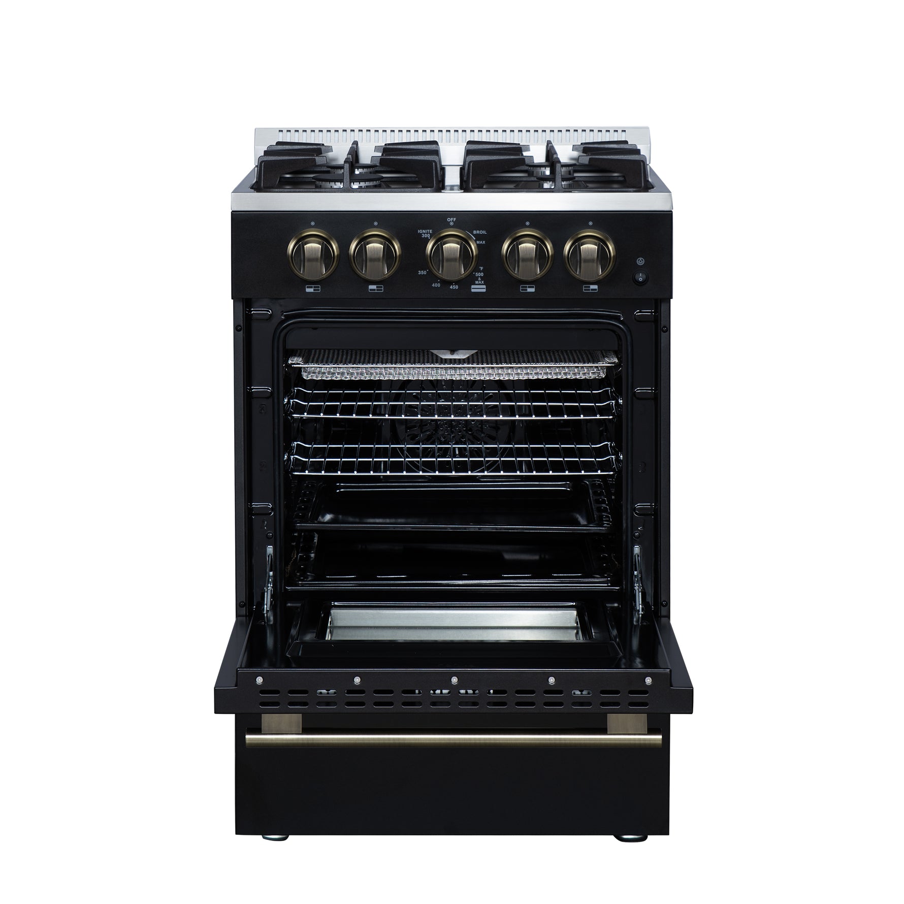 Forno Breno 24 Inch Freestanding Gas Range in Black with Antique Brass, Plug Included, Energy Efficient - BonPrix Électroménagers