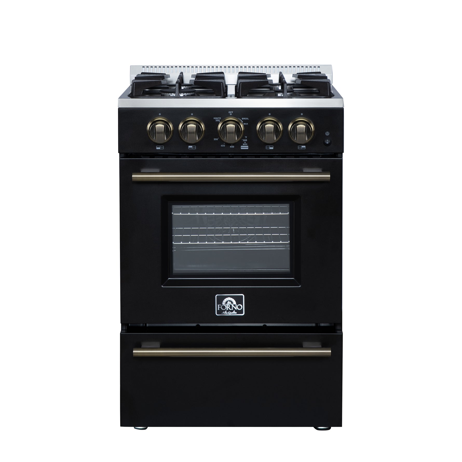 Forno Breno 24 Inch Freestanding Gas Range in Black with Antique Brass, Plug Included, Energy Efficient - BonPrix Électroménagers