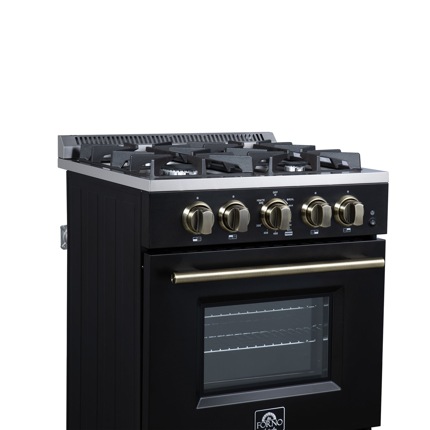 Forno Breno 24 Inch Freestanding Gas Range in Black with Antique Brass, Plug Included, Energy Efficient - BonPrix Électroménagers