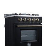 Forno Breno 24 Inch Freestanding Gas Range in Black with Antique Brass, Plug Included, Energy Efficient - BonPrix Électroménagers