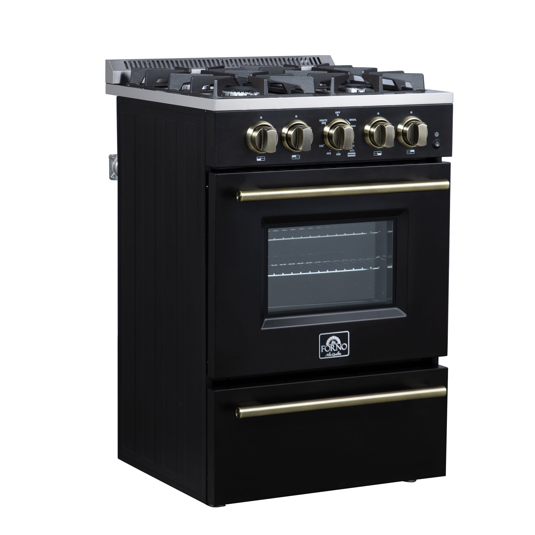 Forno Breno 24 Inch Freestanding Gas Range in Black with Antique Brass, Plug Included, Energy Efficient - BonPrix Électroménagers