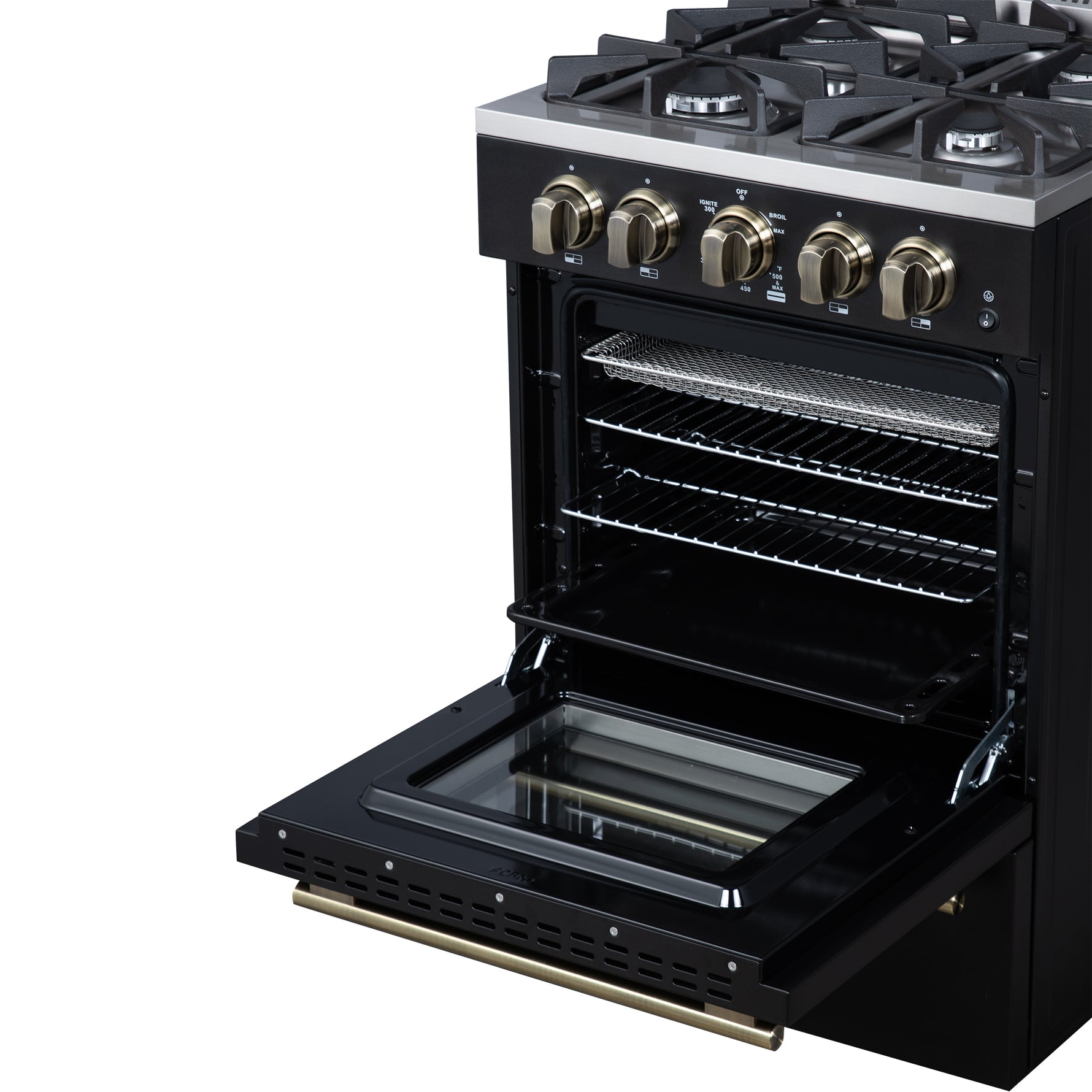 Forno Breno 24 Inch Freestanding Gas Range in Black with Antique Brass, Plug Included, Energy Efficient - BonPrix Électroménagers