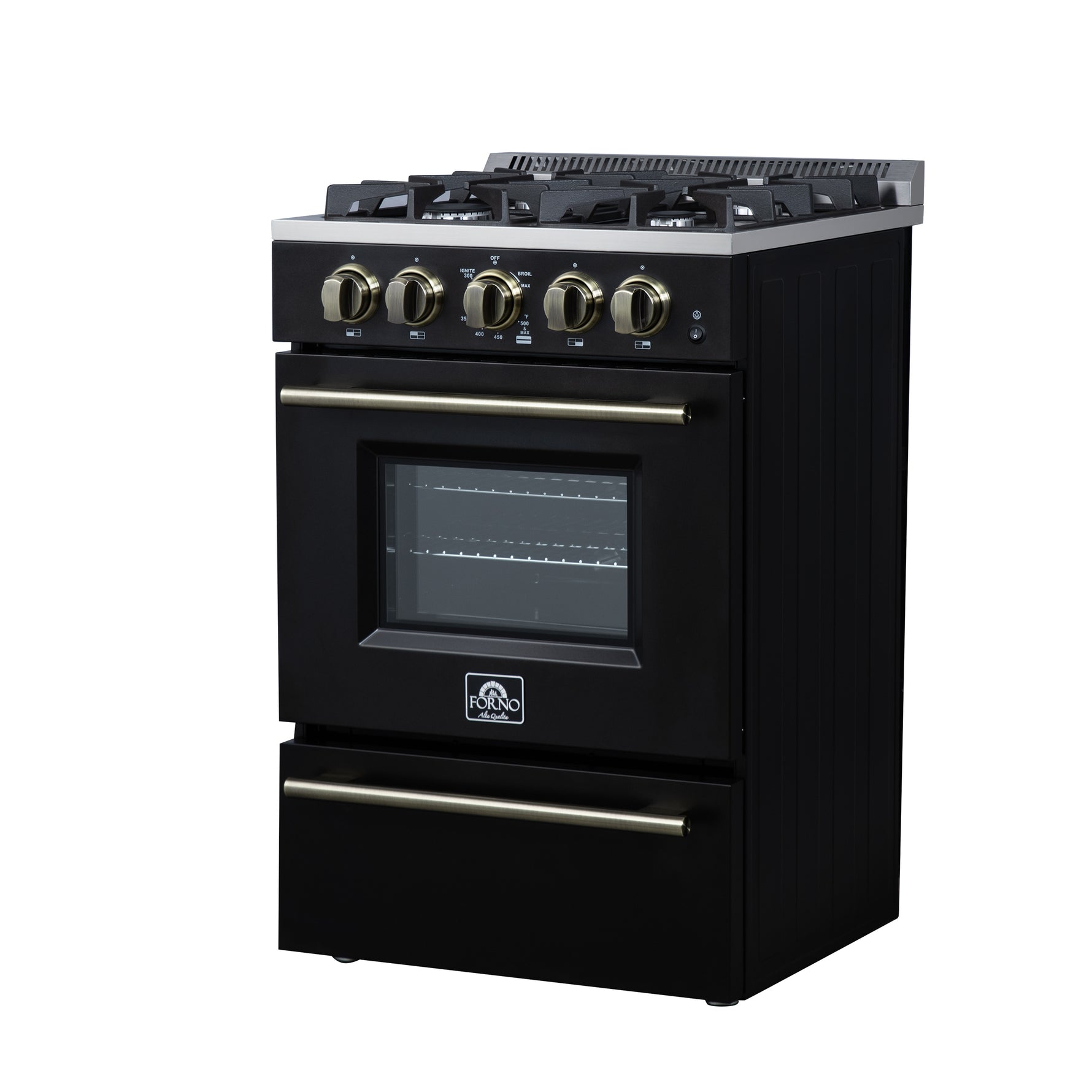 Forno Breno 24 Inch Freestanding Gas Range in Black with Antique Brass, Plug Included, Energy Efficient - BonPrix Électroménagers