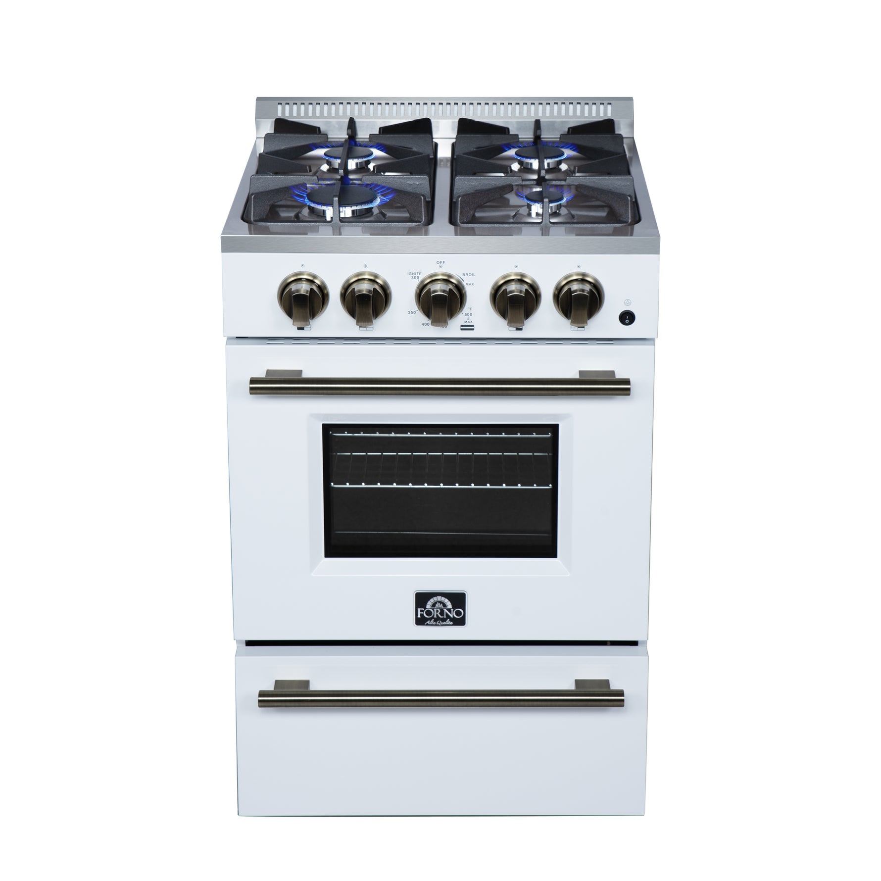 Forno Breno 24 Inch Freestanding Gas Range in White with Antique Brass, Plug Included, Energy Efficient - BonPrix Électroménagers