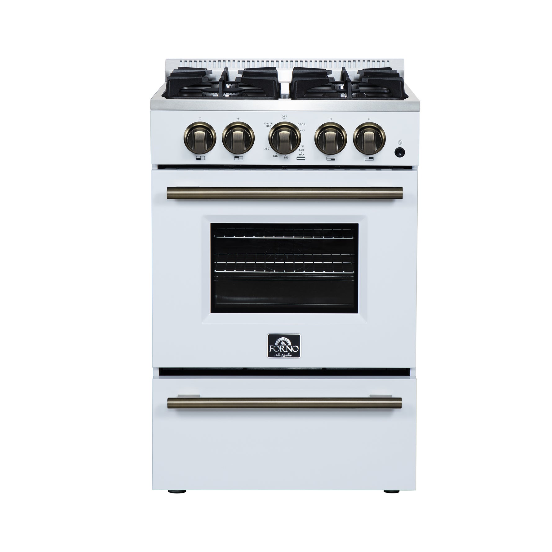 Forno Breno 24 Inch Freestanding Gas Range in White with Antique Brass, Plug Included, Energy Efficient - BonPrix Électroménagers