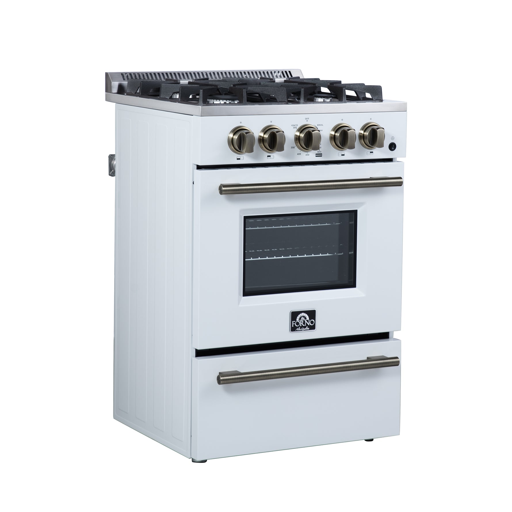 Forno Breno 24 Inch Freestanding Gas Range in White with Antique Brass, Plug Included, Energy Efficient - BonPrix Électroménagers