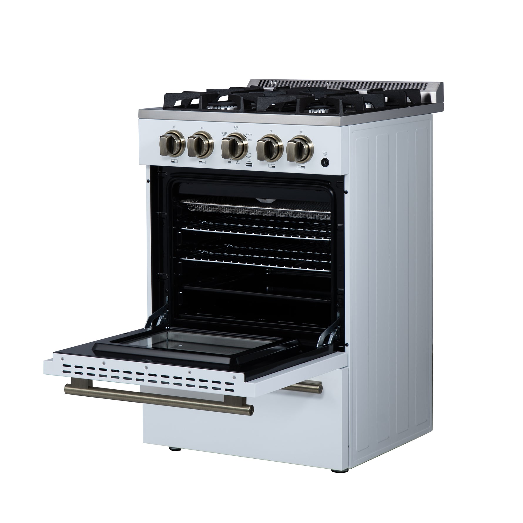 Forno Breno 24 Inch Freestanding Gas Range in White with Antique Brass, Plug Included, Energy Efficient - BonPrix Électroménagers