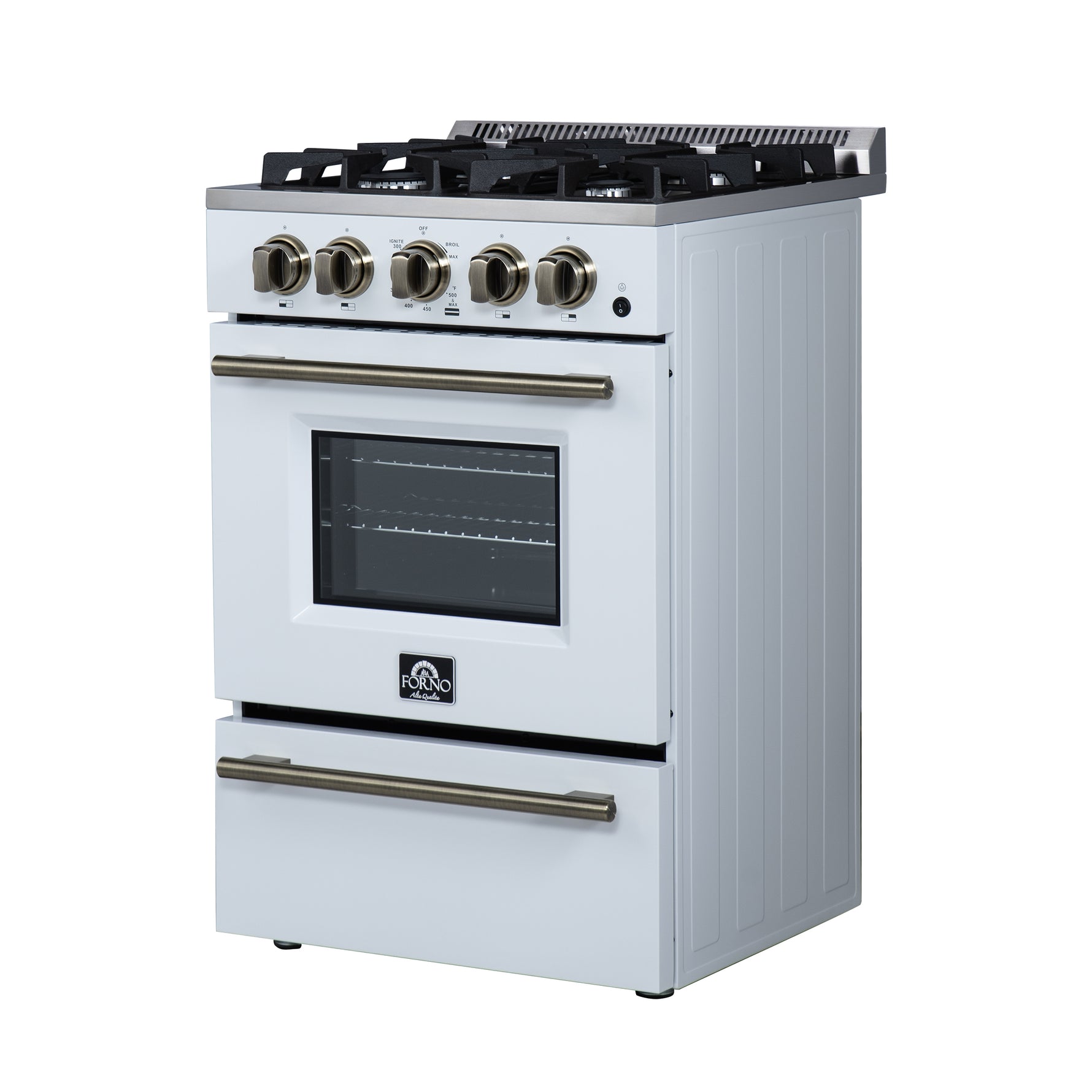 Forno Breno 24 Inch Freestanding Gas Range in White with Antique Brass, Plug Included, Energy Efficient - BonPrix Électroménagers