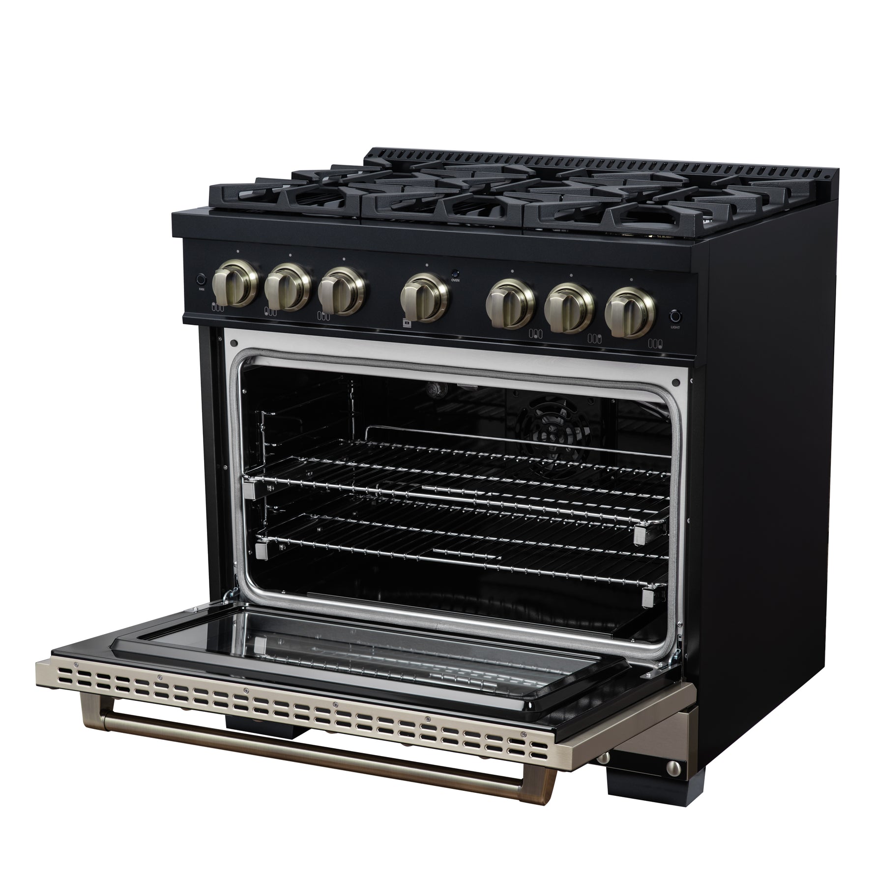 Valente 36" Gas Range in Black, 6 Sealed Burnes, 71 000 BTU Cooktop Output , 5.2 Cu.Ft. convection Oven, Telescopic Racks - BonPrix Électroménagers