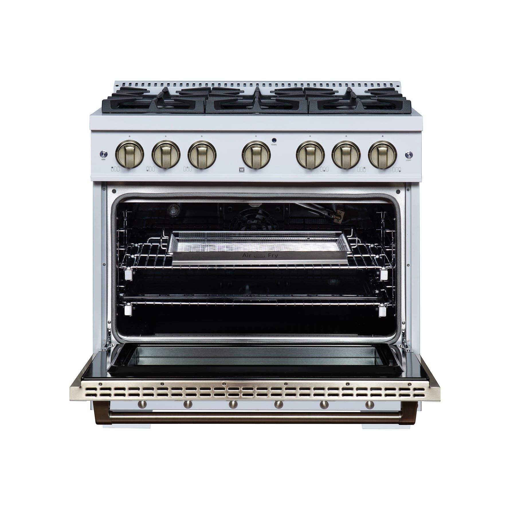 Valente 36" Gas Range in White, 6 Sealed Burnes, 71 000 BTU Cooktop Output , 5.2 Cu.Ft. convection Oven, Telescopic Racks - BonPrix Électroménagers