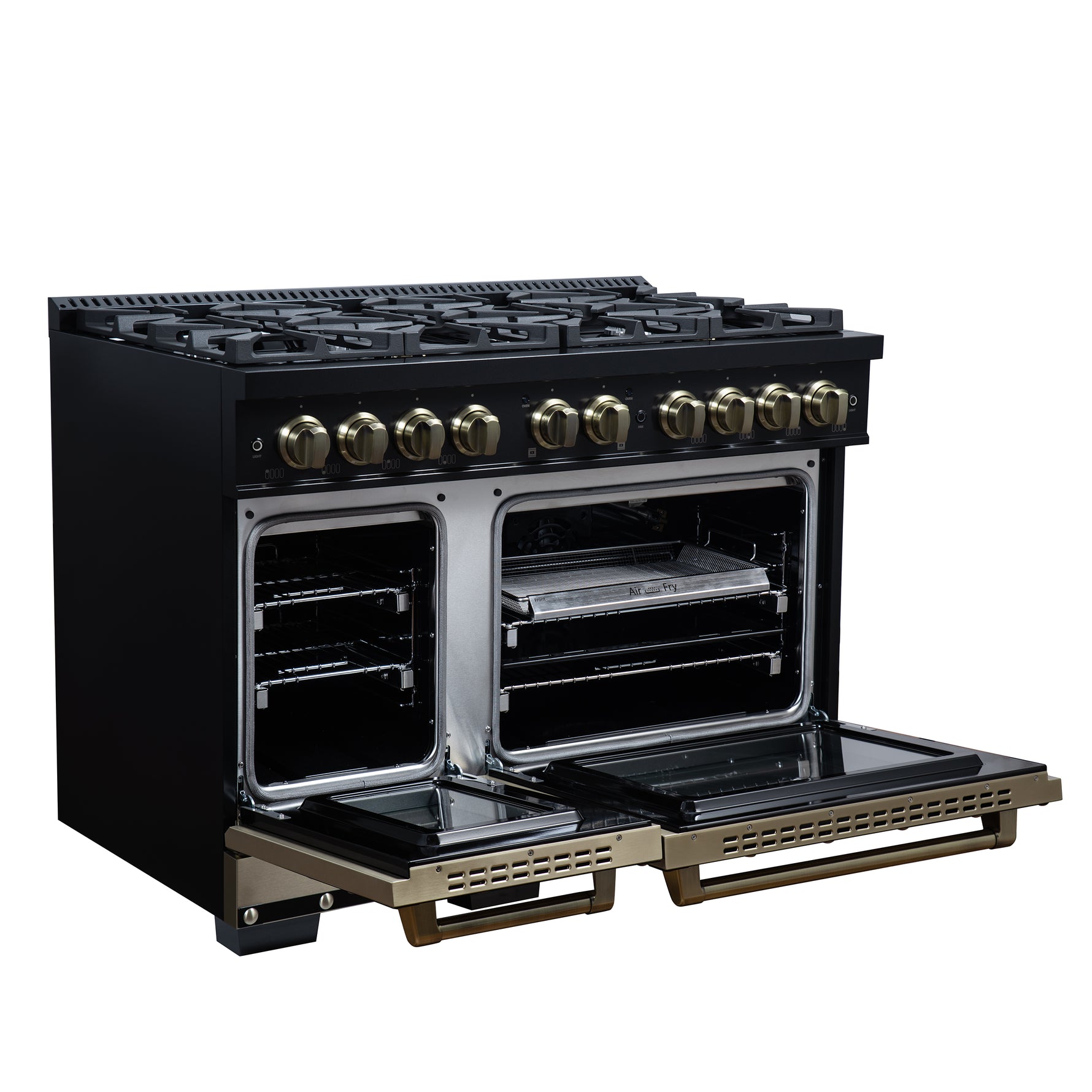 Valente 48" Gas Range in Black, 8 Sealed Burnes, 94 000 BTU Cooktop Output, 6.7 Cu.Ft. Double Oven, Telescopic Racks - BonPrix Électroménagers
