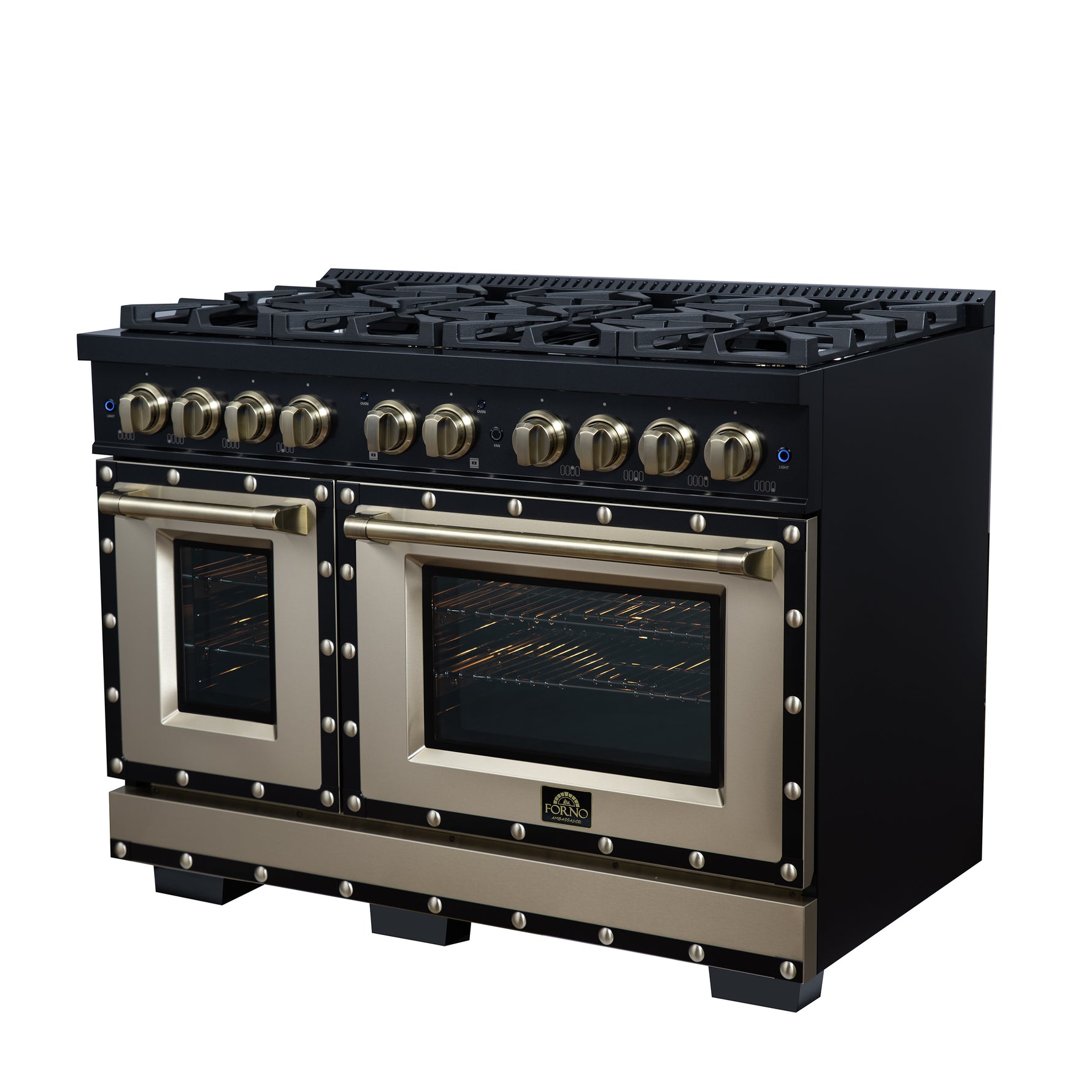 Valente 48" Gas Range in Black, 8 Sealed Burnes, 94 000 BTU Cooktop Output, 6.7 Cu.Ft. Double Oven, Telescopic Racks - BonPrix Électroménagers